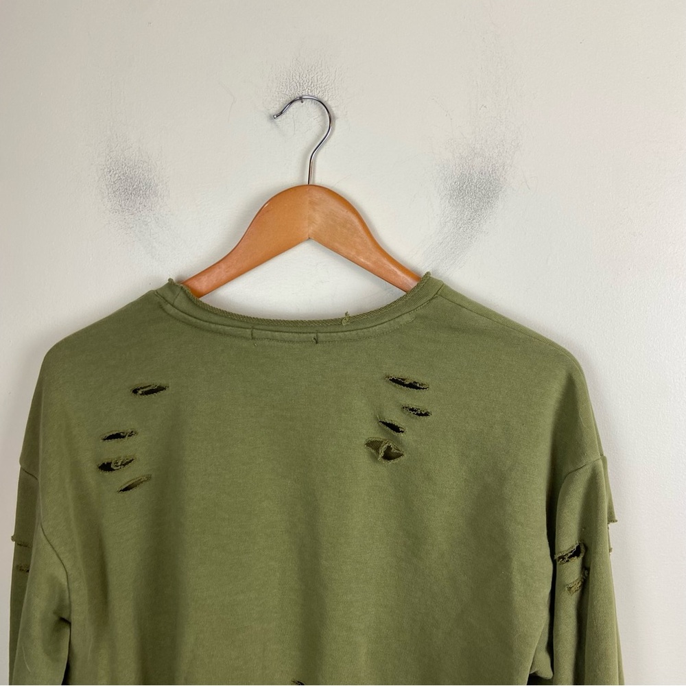 Forever 21 Green Distressed Raw Hem Cropped Sweatshirt‎ Pullover Grunge Sz Large - Picture 5 of 8